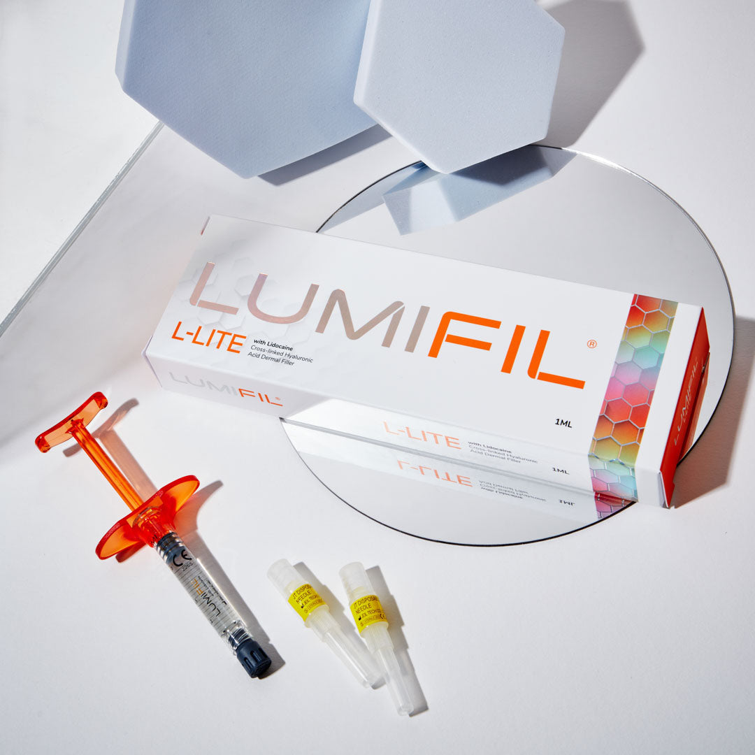 A cosmetic product called LUMIFIL LITE, presented with a syringe and vials, against a white background. Fine dermal filler for fine lines, wrinkles and russian lip filler.