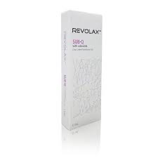A box of Revolax Sub Q - 1x1.1ml dermal filler, with branding and product information displayed. Dermal filler for facial balancing, augmentation and rejuvenation.