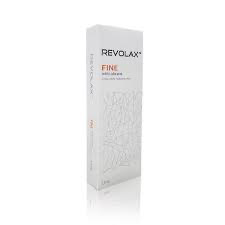 A box of Revolax Fine dermal filler with 1x1.1ml product inside, designed for the treatment of wrinkles and fine lines.
