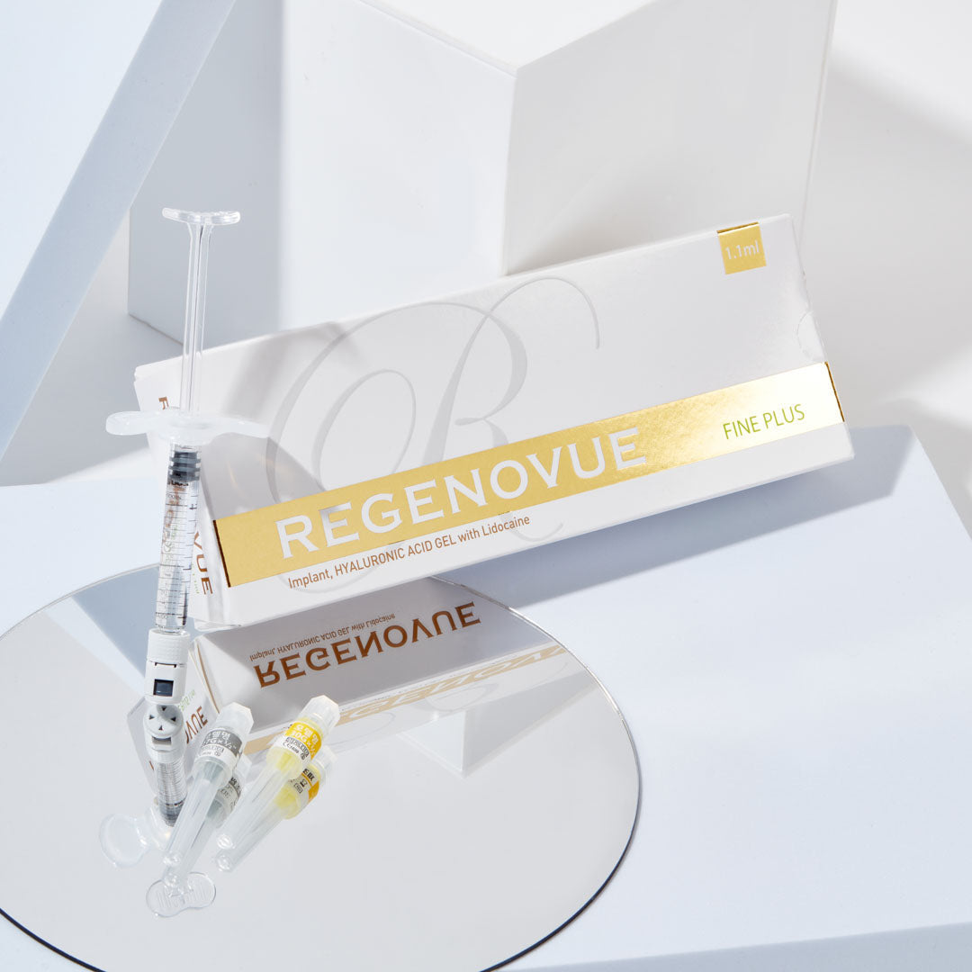 A syringe with Regenovue Fine product, intended for cosmetic use, displayed alongside its packaging box. Fine dermal filler for fine lines, lip augmentation and facial balancing.