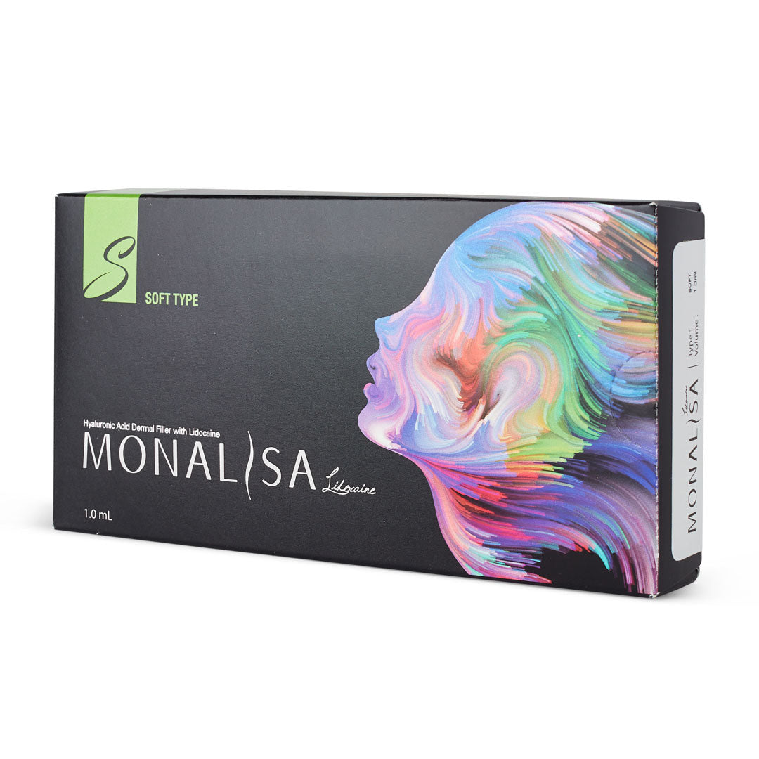 A box of Monalisa Soft lip filler product, with a colorful artistic depiction of a female profile on the packaging. Dermal filler for fine lines, wrinkles and facial rejuvenation.