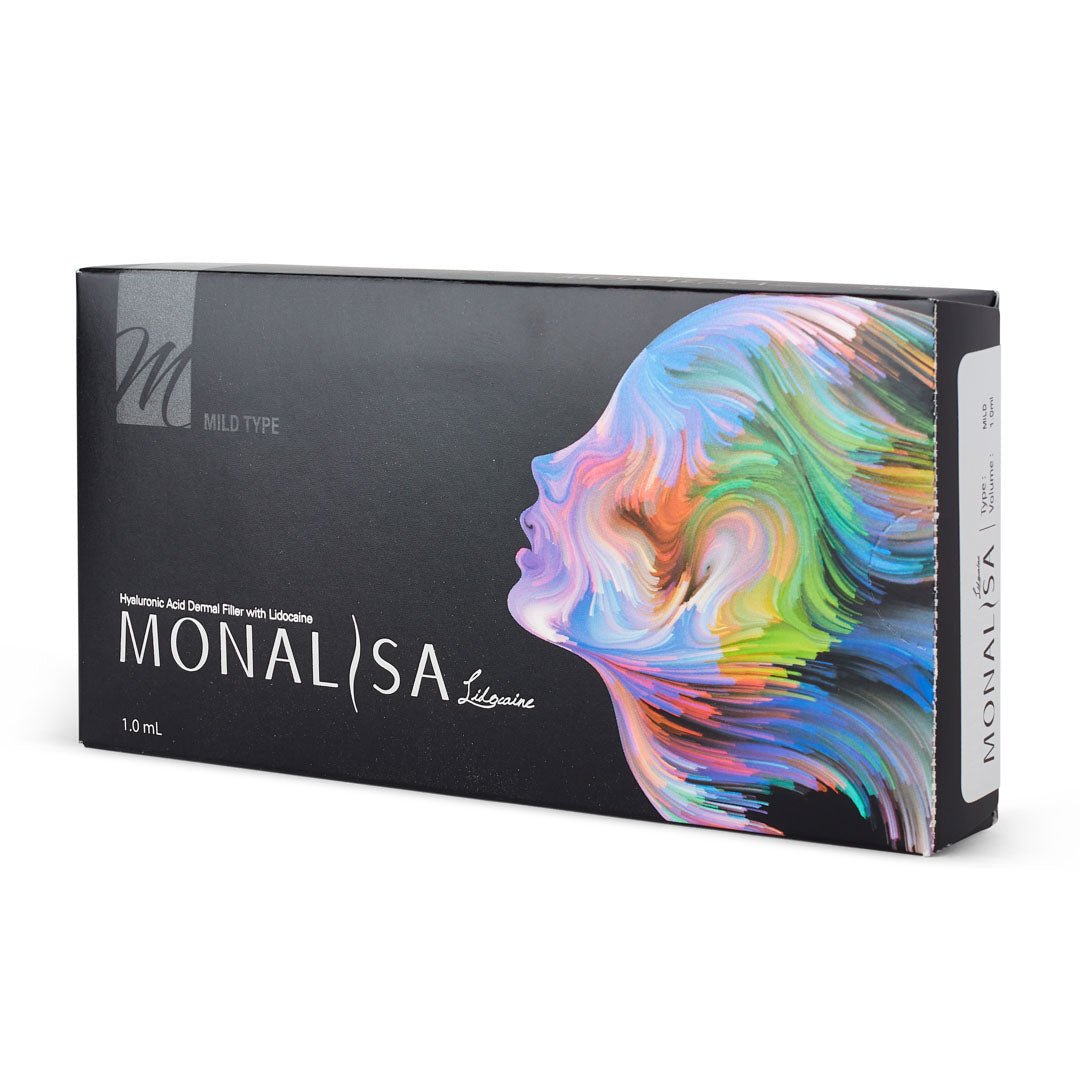A box of Monalisa Mild - 1x1ml dermal filler, with a colorful graphic of a woman's profile on the packaging. Dermal filler for facial rejuvenation and rebalancing.