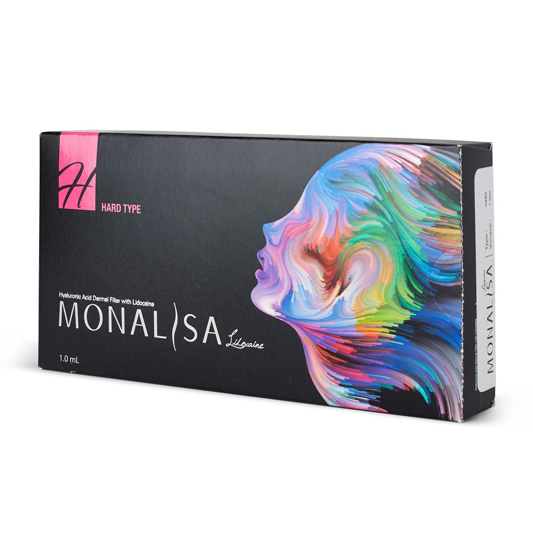 A box of Monalisa Hard - 1x1ml, with a colorful graphic of a woman's profile on the packaging. Dermal filler fro deep lines and facial balancing.