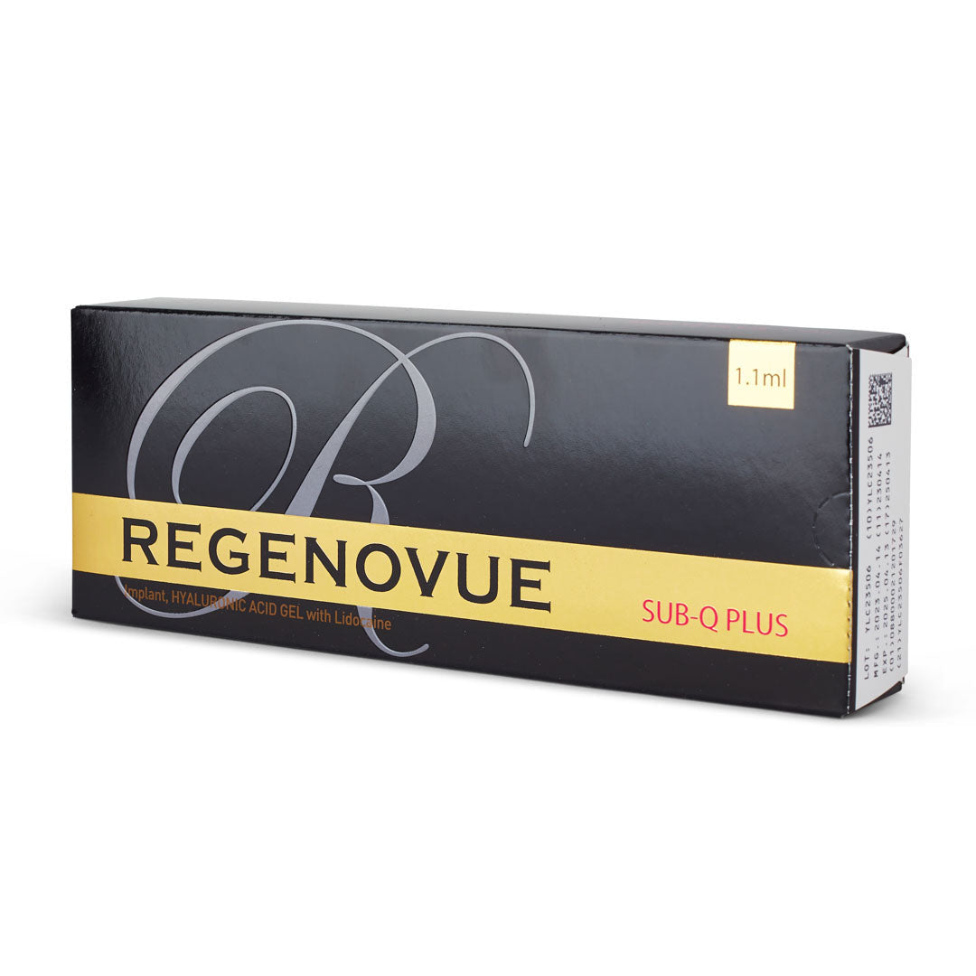 A box of Regenovue Sub-Q Plus, which is a cosmetic soft-tissue filler used for volume restoration and smoothing facial creases.