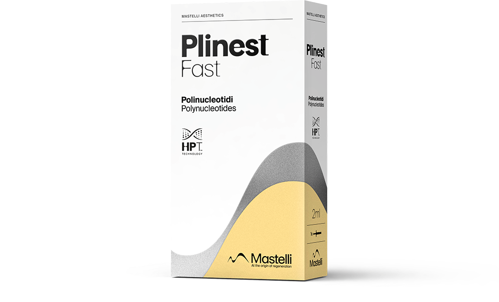 A box of Plinest Fast 1x2ml, with the Mastelli logo, likely containing a cosmetic product for skin rejuvenation. Improves tightness and firmness of skin over time, to be used on eyes, skin and face.