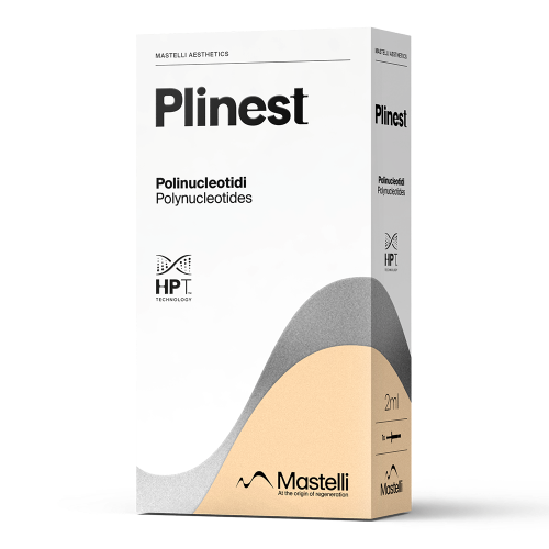 A box of Plinest 2ml, polynucleotide-based injectable gel for skin rejuvenation, by Mastelli srl. Improves skin laxity, texture and firmness.