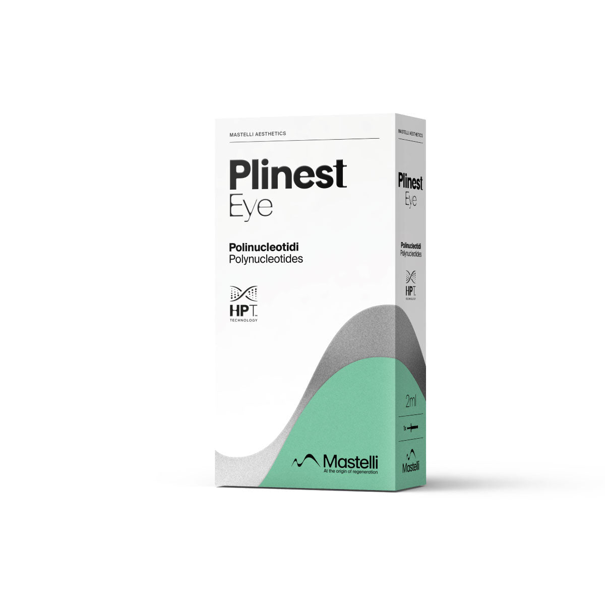 A box of PLINEST Eye product from Mastelli, containing a 1x2ml pre-filled syringe for cosmetic use. Promotes under eye hydration, brightening and tightening.