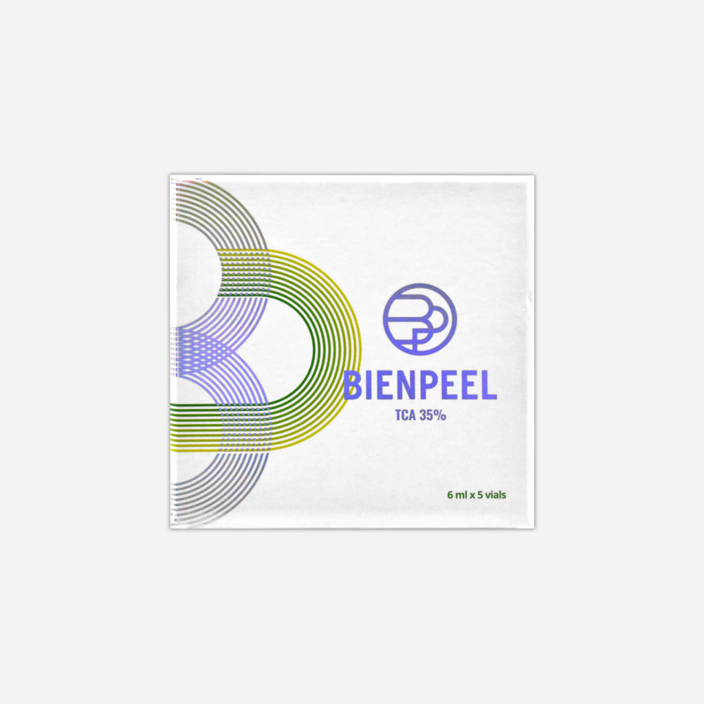 Packaging of BienPeel TCA 35% chemical peel product, displaying the brand logo and product information. 5 vials of skin peel for improved skin quality and texture.