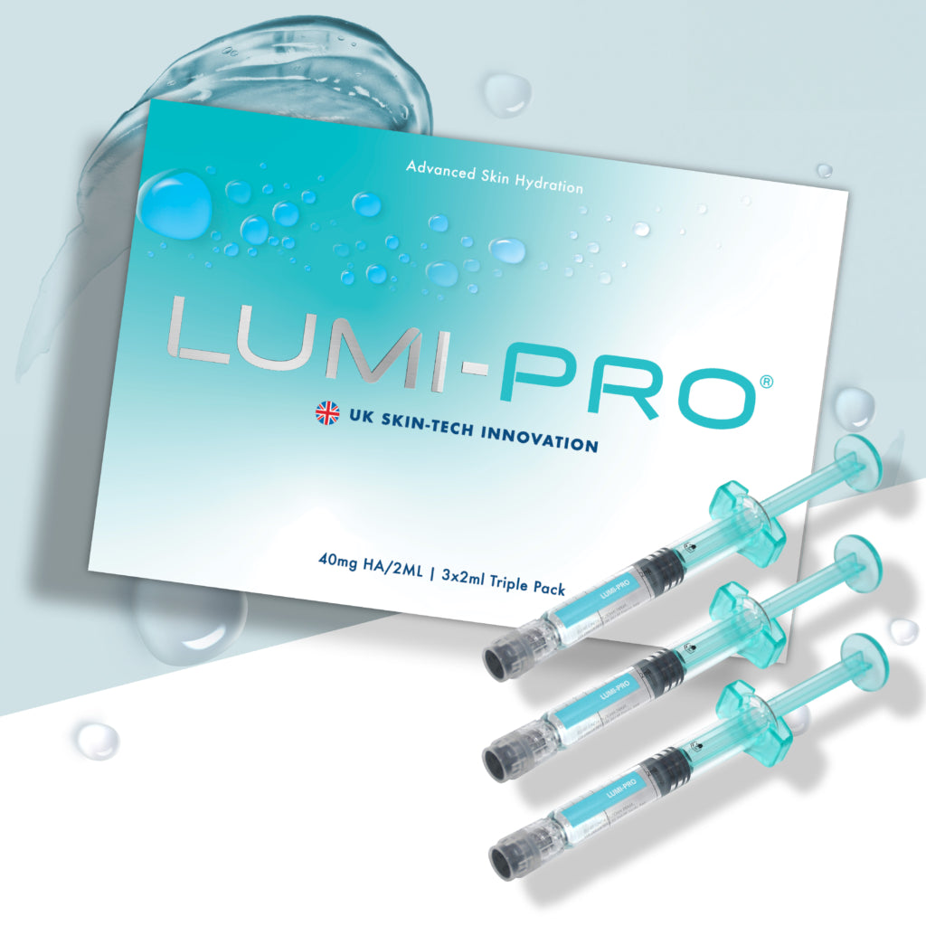 A triple pack of LUMI-PRO skin booster syringes with 3 x 2ml doses, presented alongside a water droplet for scale. For skin hydration and improve skin quality.