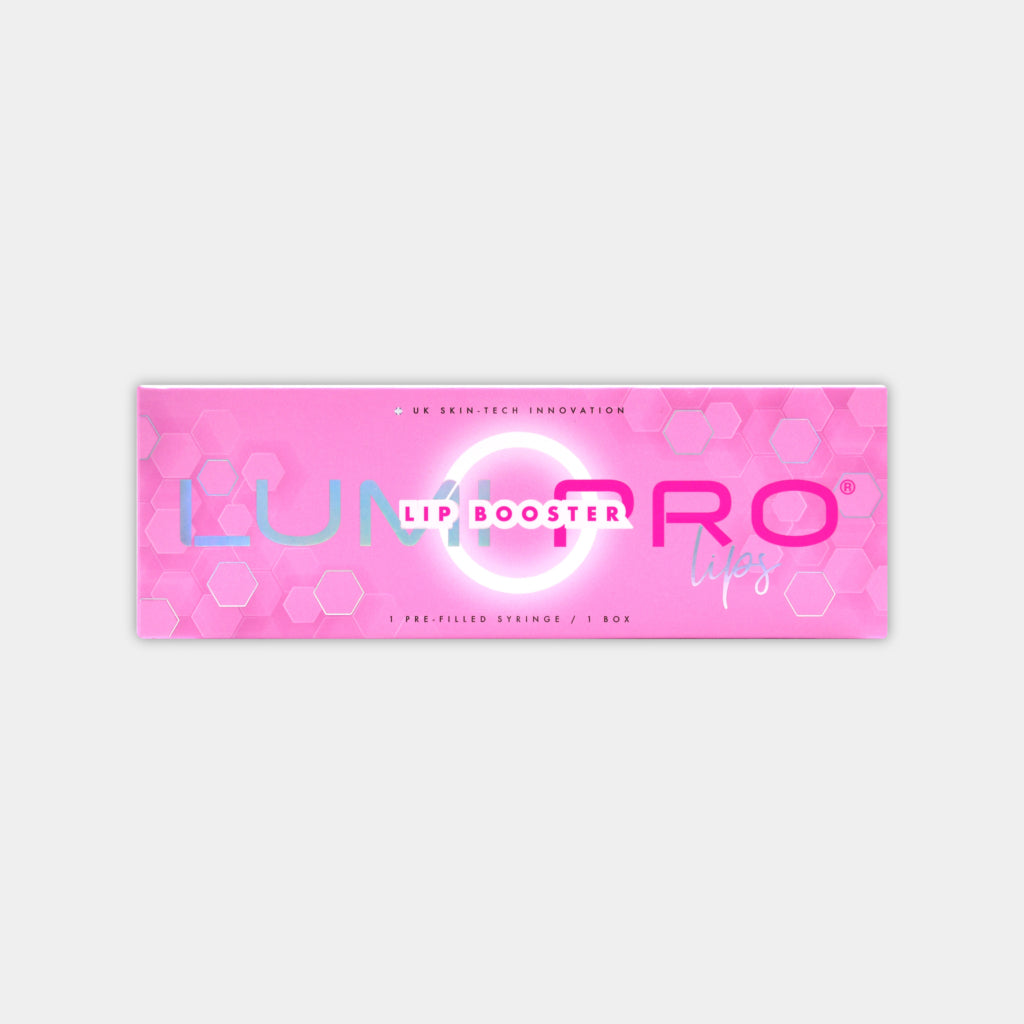 Packaging of LUMI-PRO Lips Booster, featuring a pink background with branding and product information text. For hydration and rejuvenation of the lips.