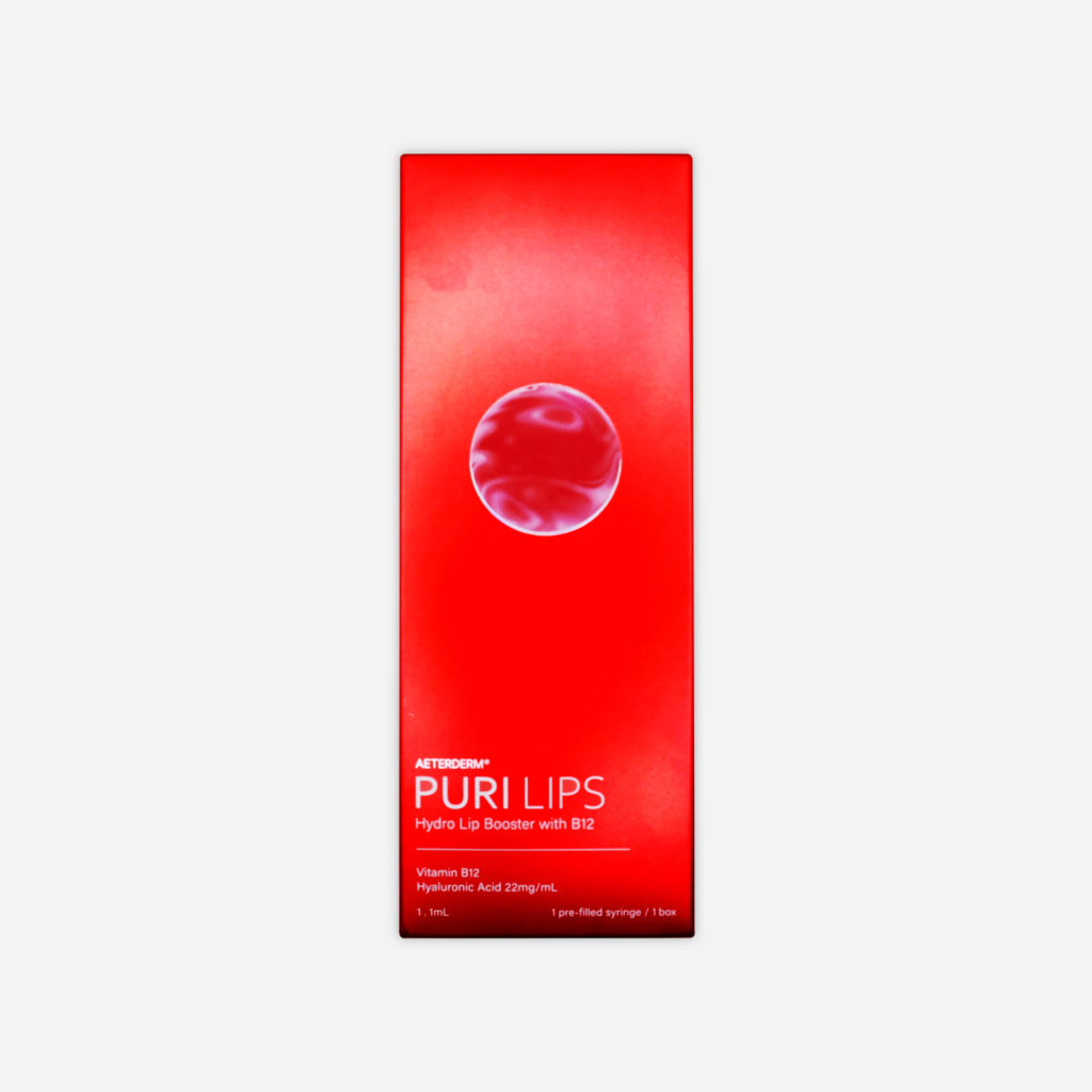 A red box packaging for Puri Lips Hydro Lip Booster with B12, for lip hydration and rejuvenation.