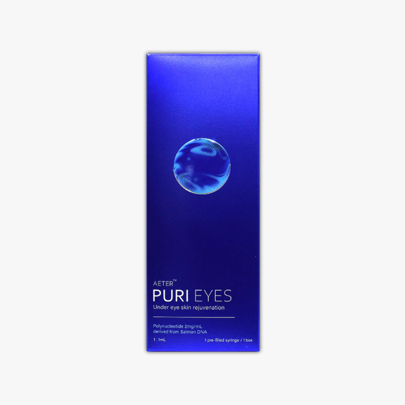 A blue box packaging of Puri Eyes with a depiction of a tear drop shape, presumably containing a cosmetic product. Under eye skin rejuvenation for improved under eyes.