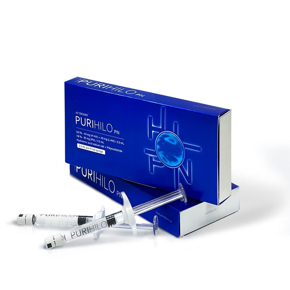 A syringe labeled Puri HiLo PN 1 x 2.5ml placed next to its packaging box with blue branding elements. Used for facial rejuvenation and improve skin quality using polynucleotides.