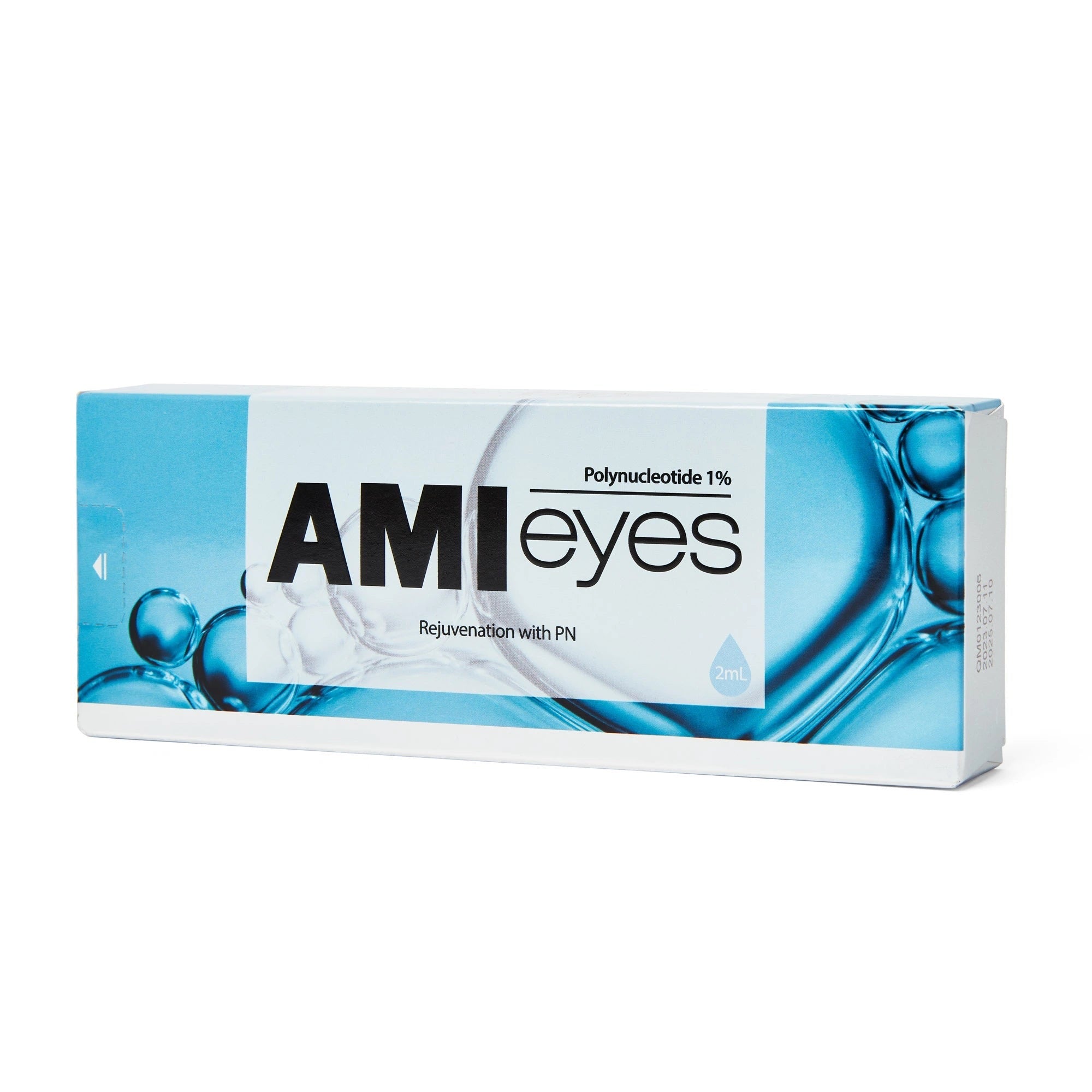A box of AMI Eyes tissue stimulator product designed for needle mesotherapy of the eye area and tear trough with a blue and white color scheme. For hydration, brightening and tightening of the under eye with the use of polynucleotides.