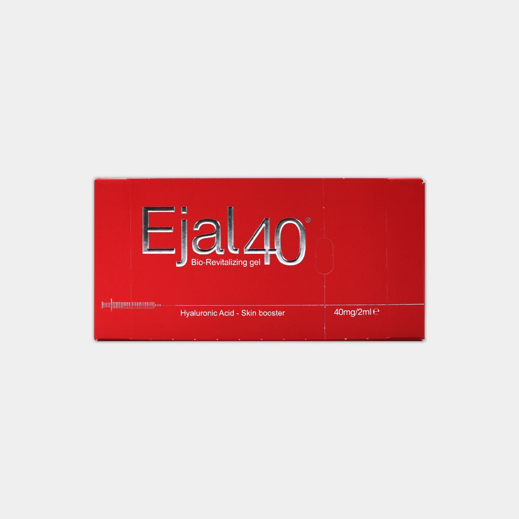 A red box of Ejal40 Bio-Revitalizing Gel with product details on it. Biostimulator for the rejuvenation of facial skin, promoting collagen and overall improvement of skin health.