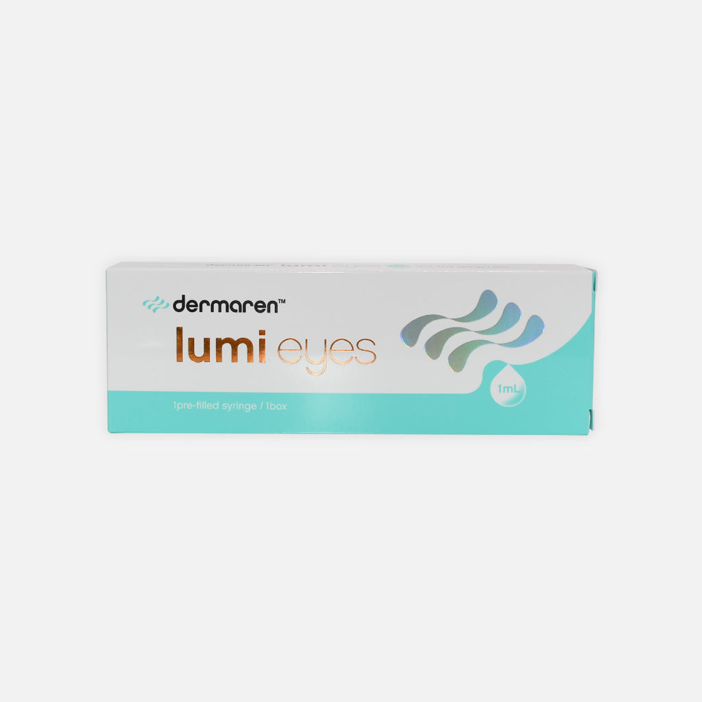 A box of LUMI-EYES tissue stimulator by Dermaren, designed for needle mesotherapy treatments around the eyes and tear trough. For eye hydration, brightening and tightening. Polynucleotide for under the eye.
