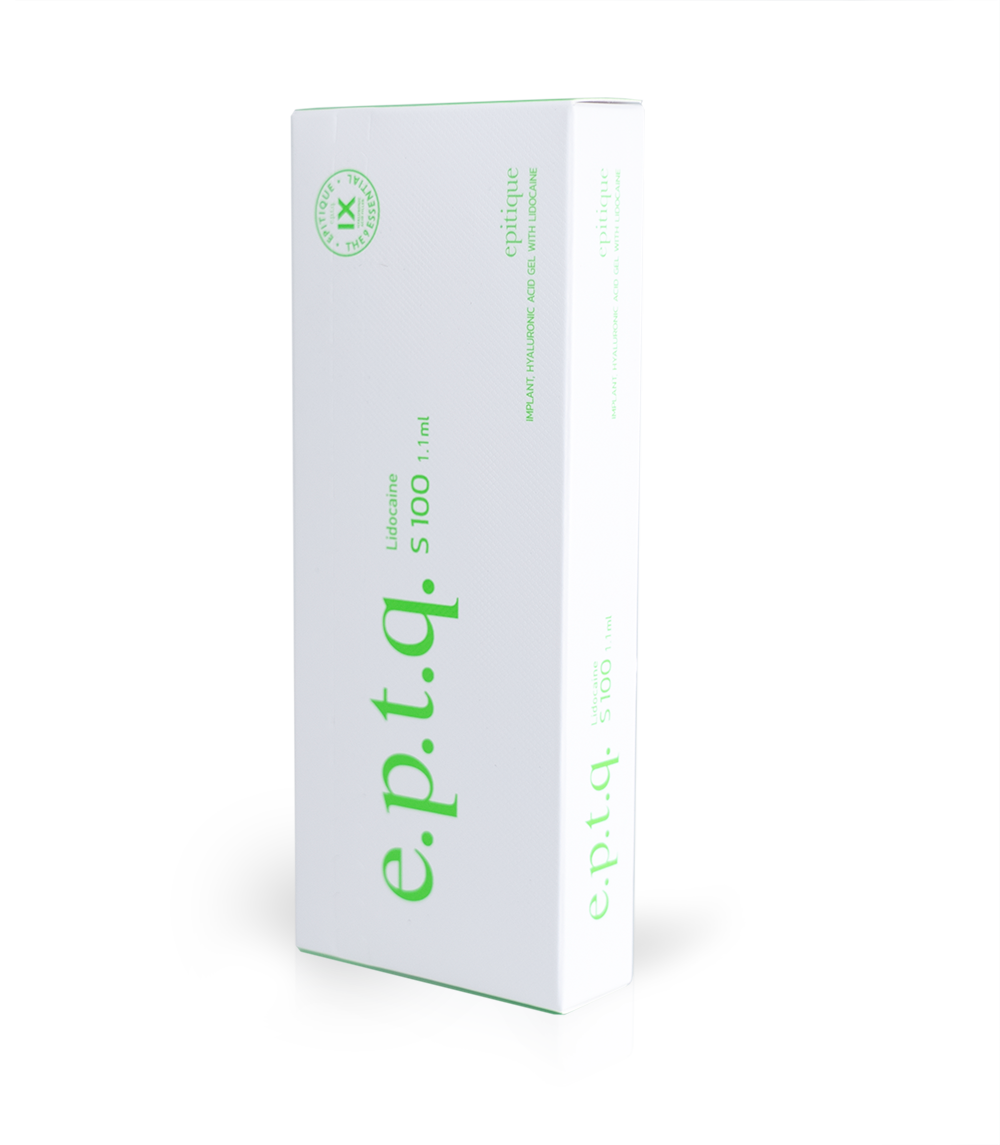 A box of EPTQ S100 dermal filler with a white background, predominantly green text, and branding details. Dermal filler for the face.