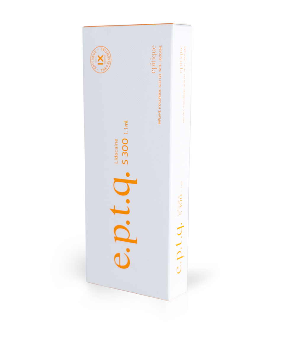 A box of EPTQ S300 cosmetic product with a white background and text detailing the product information. Dermal filler used for augmentation of the lips, cheeks and fine lines.