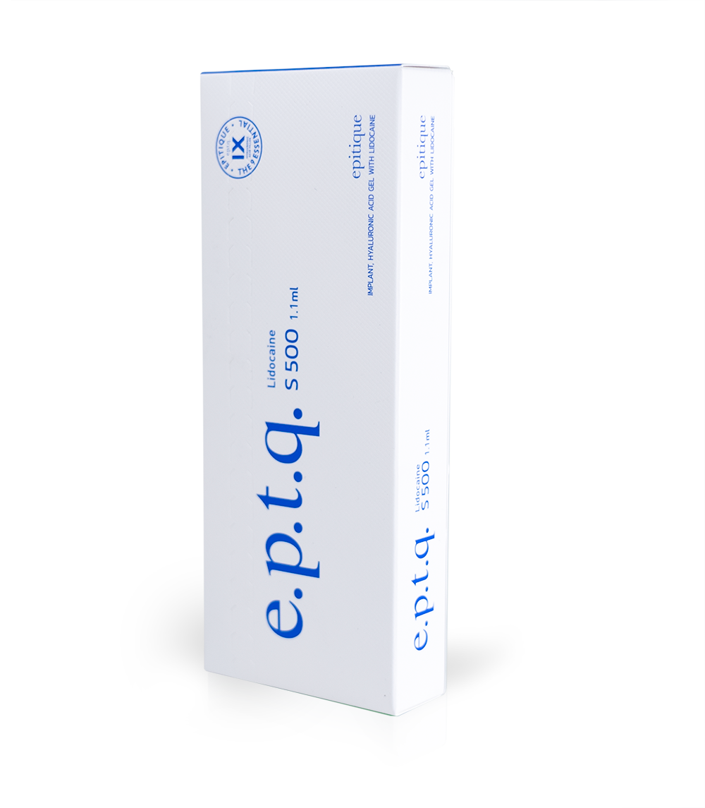 A box of EPTQ S500 1x1.1ml, likely containing a cosmetic product, with packaging that includes the brand name and product information. Dermal filler for augmentation of chin, cheekbones and other areas of the face. For rejuvenation and volume.
