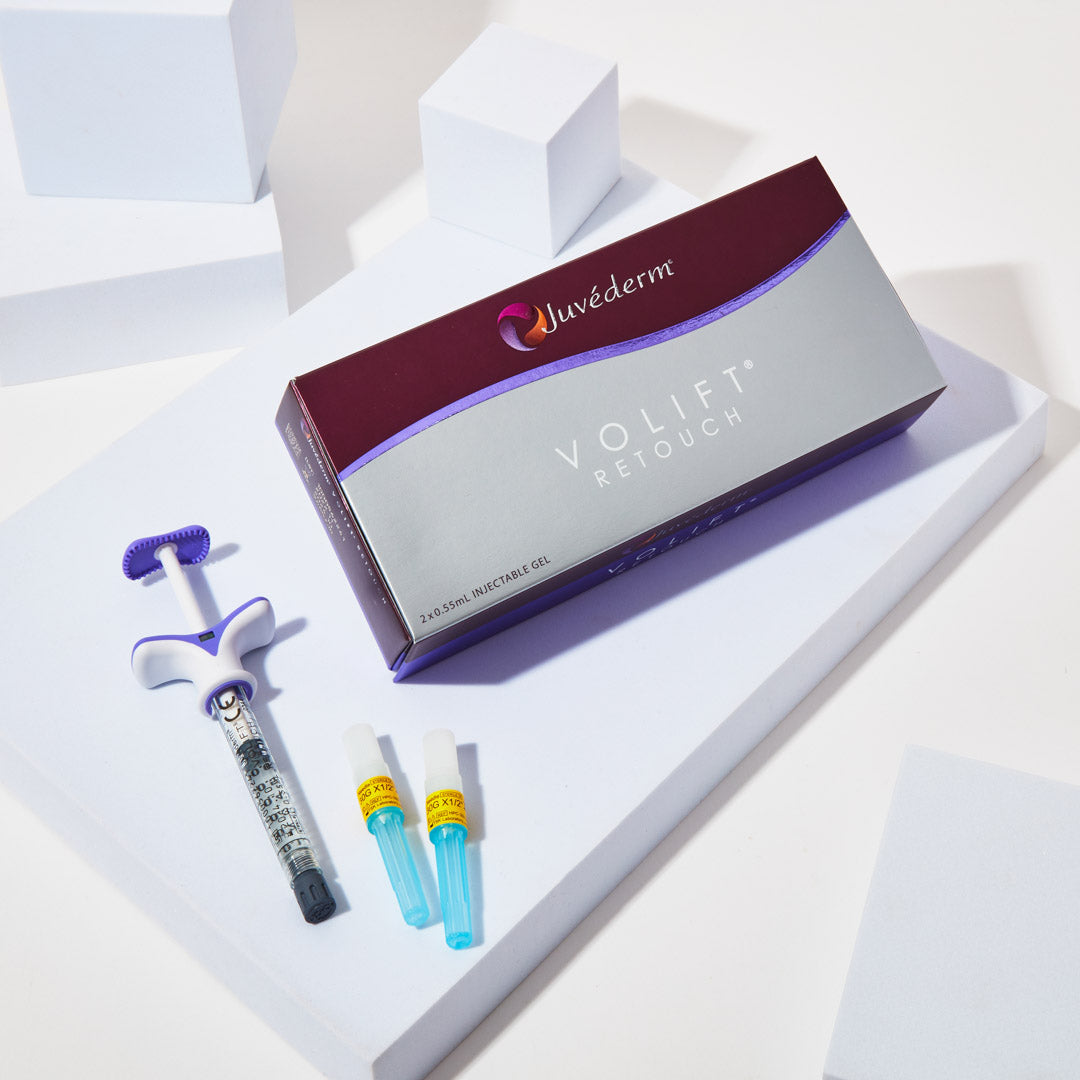 Juvederm Volift Retouch Display. Dermal filler for facial enhancement and balancing.