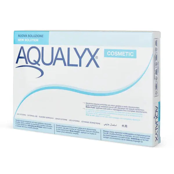 Aqualyx cosmetic packaging on a white background. Aqualyx fat dissolver used for targeting body fat. 