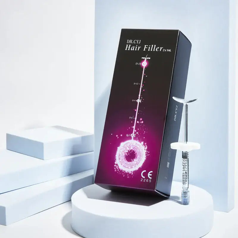 DR.CVJ Hair Filler packaging with syringe on a white background. Hair filler for fuller hair and encourages hair growth. 