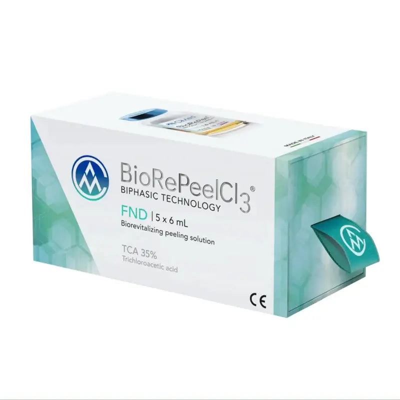 Box of BioRePeelCL3 peeling solution with branding on a white background. A skin peel for the face, used to revitalise skin and improve overall quality and texture. 