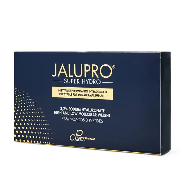 Jalupro Super Hydro packaging on a white background. Skin booster for hydration and facial rejuvenation. 