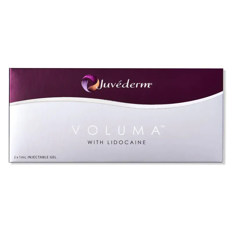 Juvederm Voluma with Lidocaine injectable gel packaging on a white background. Dermal filler for restoring facial volume. 