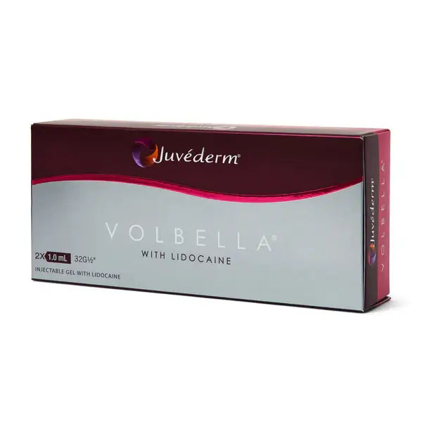 Juvederm Volbella with Lidocaine packaging on a white background. Dermal filler for enhancing and smoothing lips and surrounding skin. 