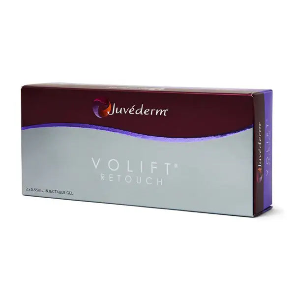 Juvederm Volift Retouch packaging on a white background. Dermal filler for facial enhancement and balancing. 