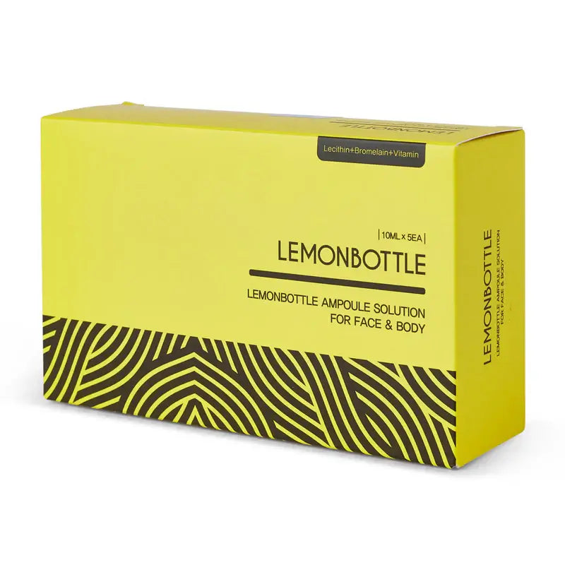 Yellow box of Lemonbottle ampoule solution with black text and geometric pattern. Lemonbottle fat dissolver for targeted body fat reduction. 