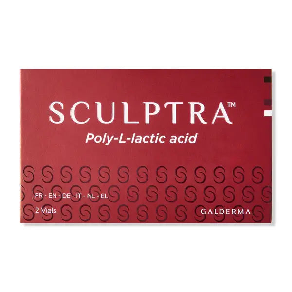 Sculptra packaging with Galderma branding on a white background. PLLA vials for facial rejuvenation and collagen stimulation. 