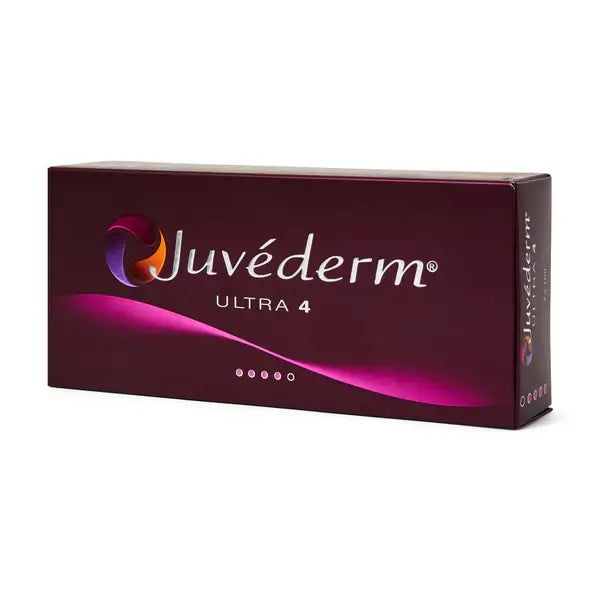 Juvederm Ultra 4 packaging on a white background. Hyaluronic acid dermal filler for treatment of wrinkles, folds and ageing skin. 