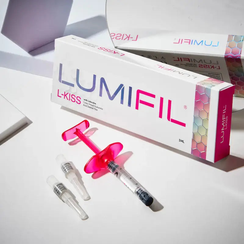 LUMIFIL L-KISS product packaging with syringes on a white background. Dermal filler for lip enhancement and augmentation. 