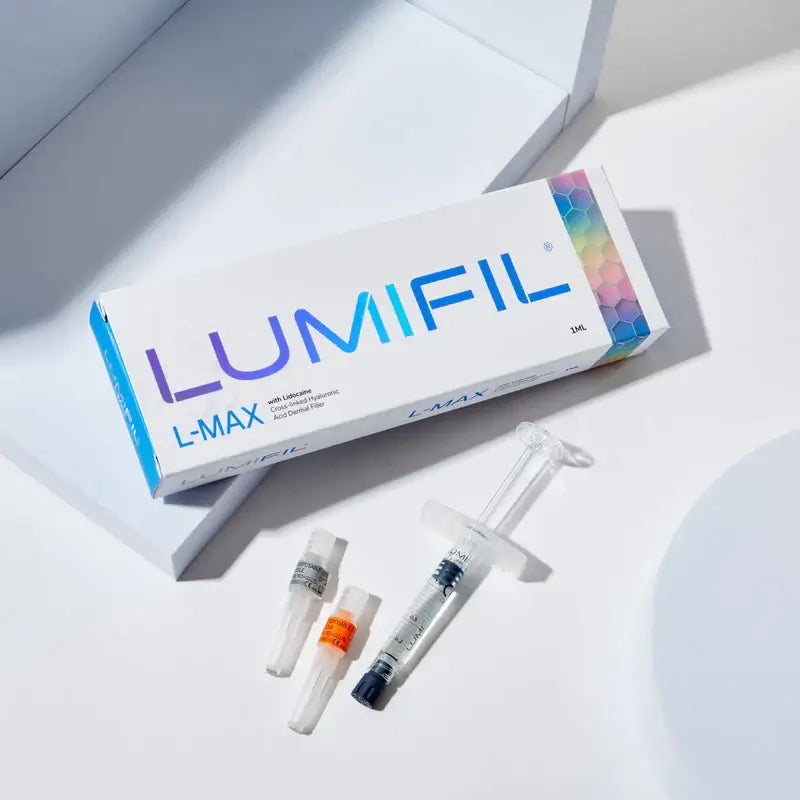 LUMIFIL L-MAX packaging with syringes on a white surface. Thick dermal filler for chin, cheek and jaw augmentation. 