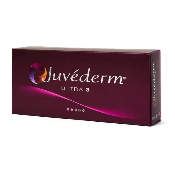 Juvederm Ultra 3 packaging on a white background. Hyaluronic acid dermal filler for deep injection, lip enhancement or facial augmentation. 